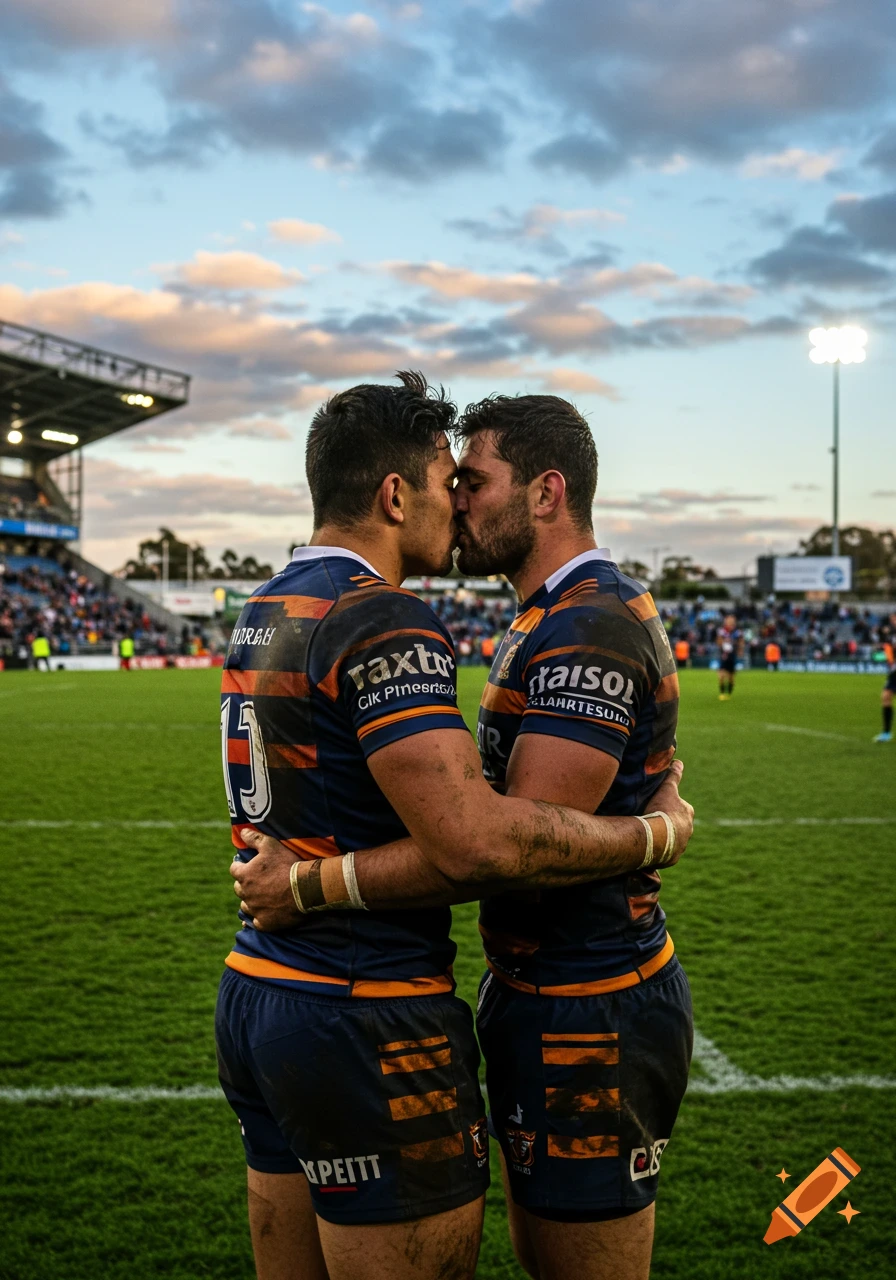 Two rugby players in uniform share a kiss on a green field in a stadium under a cloudy sky, photorealistic.