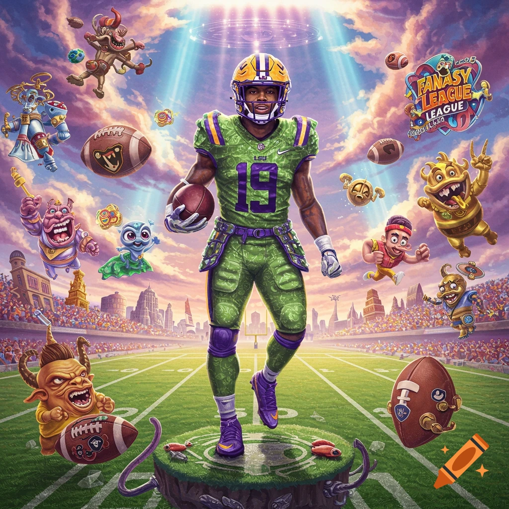 A football player in a green and purple uniform stands on a field, surrounded by colorful fantasy creatures and floating footballs. A stadium is in the background.