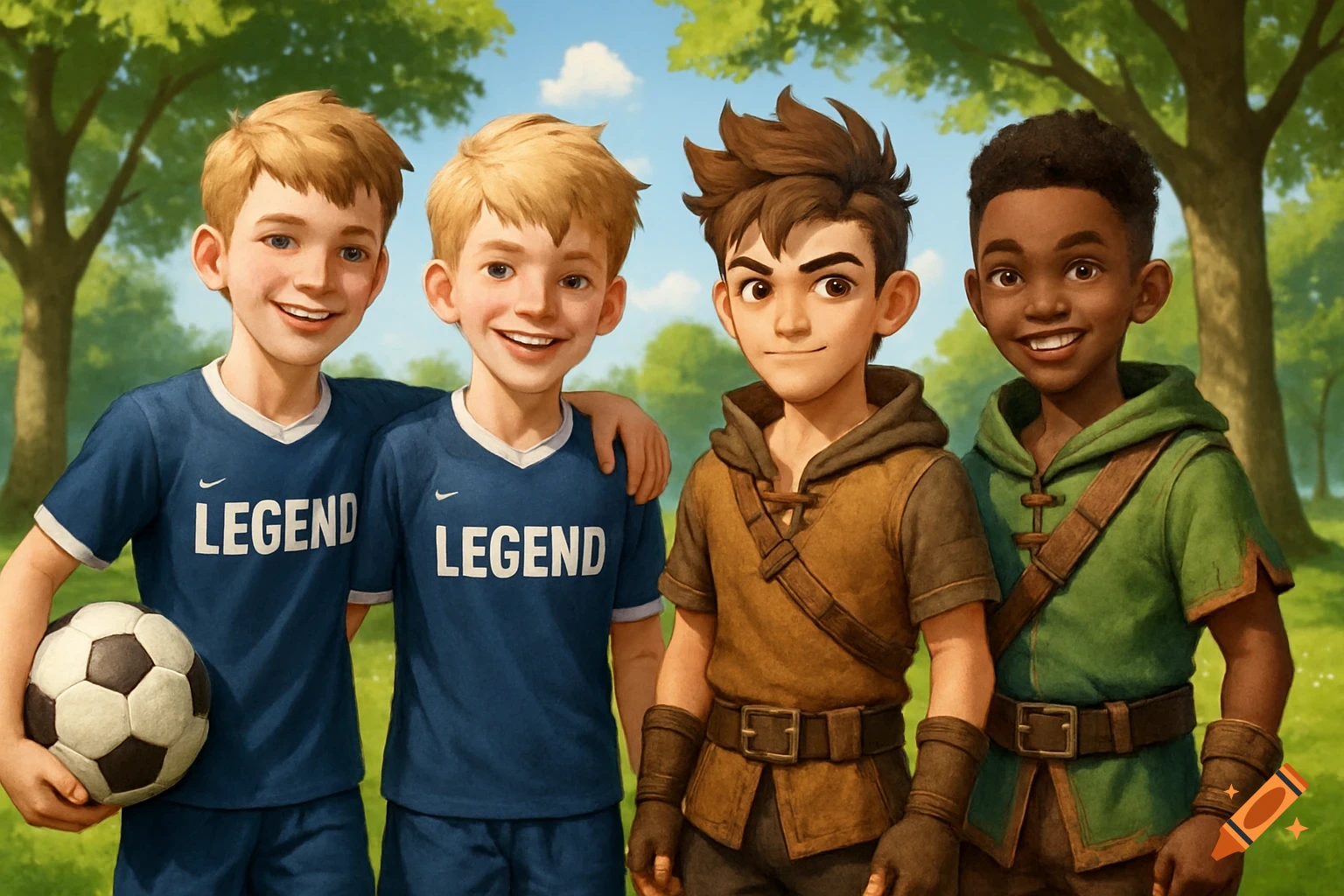 Four animated young boys standing outdoors; two in blue soccer jerseys with a ball, two in fantasy adventure outfits.
