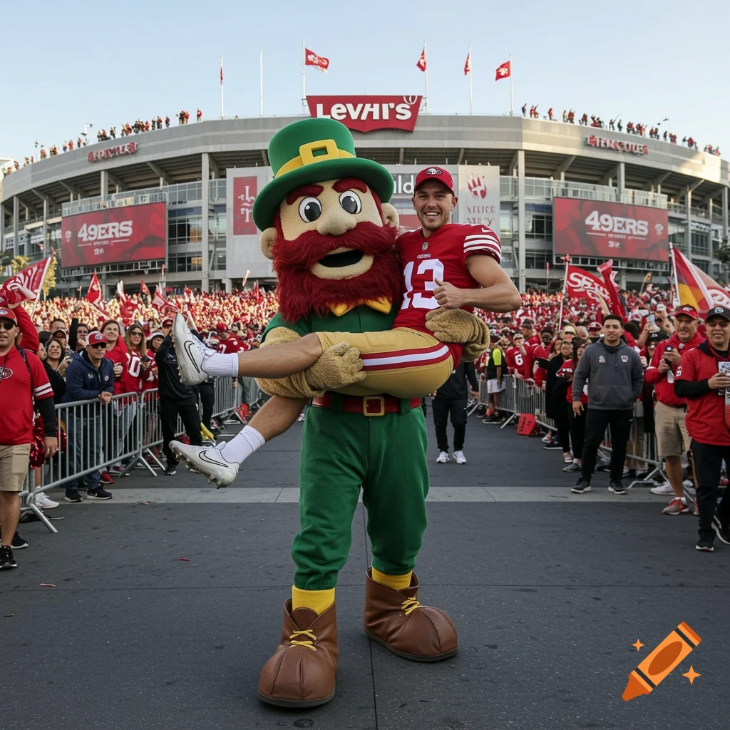 A green leprechaun mascot carries a football player in a red number 13 jersey on his shoulder in front of a crowded stadium.
