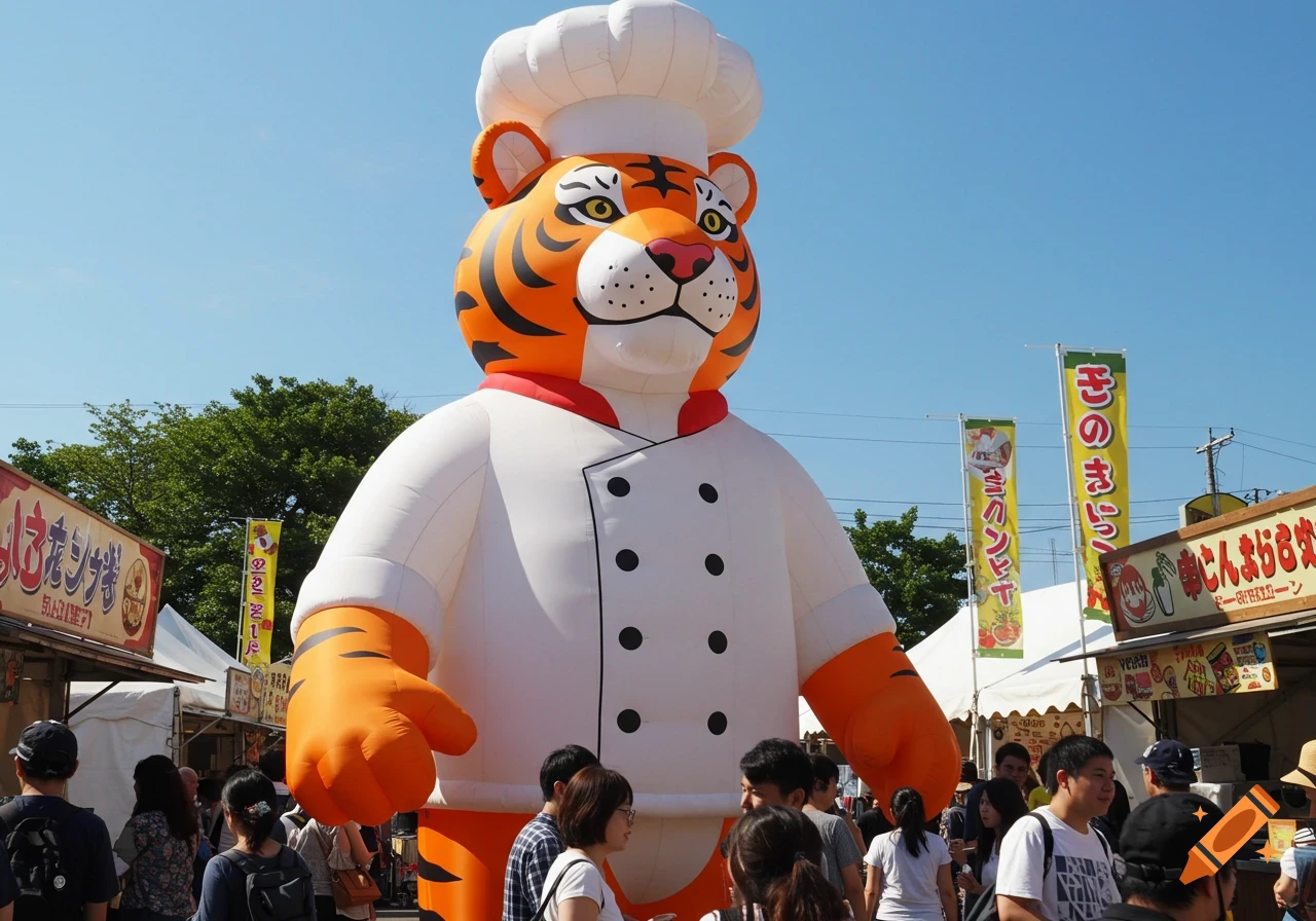 A giant inflatable tiger chef stands at an outdoor festival, surrounded by people and food stalls under a blue sky.