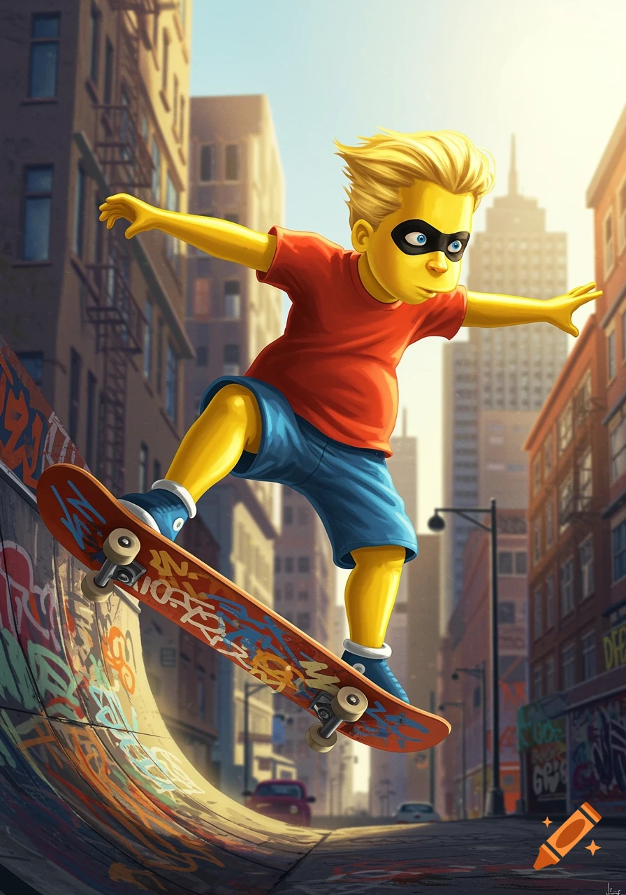 A yellow-skinned cartoon boy, resembling Dash from The Incredibles, in Bart Simpson's clothes, skateboarding in a graffiti-covered city street.