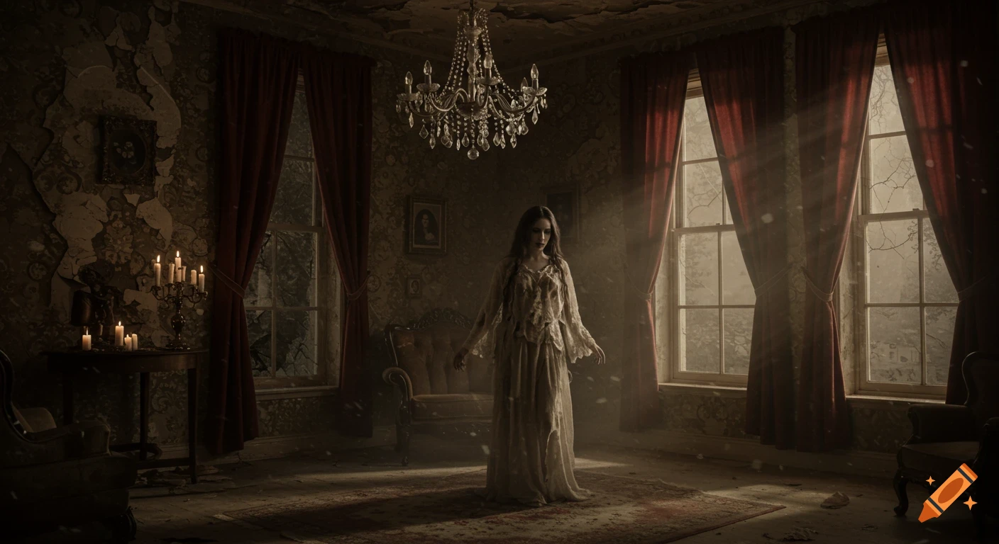 A ghostly woman in a tattered dress stands in a dusty, decaying vintage room with red curtains and a chandelier, light streaming from windows.