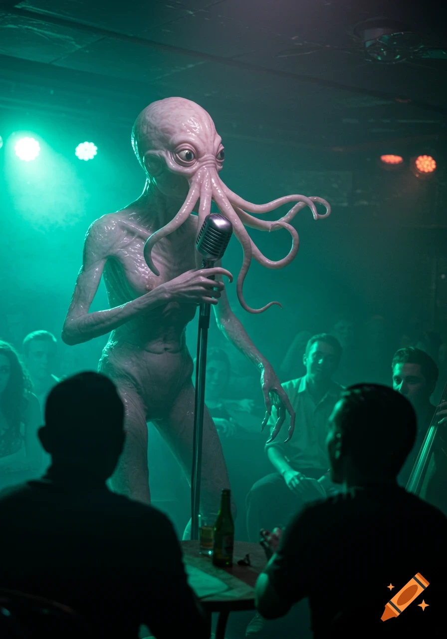 A photorealistic Lovecraftian creature with an octopus head sings into a vintage microphone on a dimly lit stage, bathed in green light.