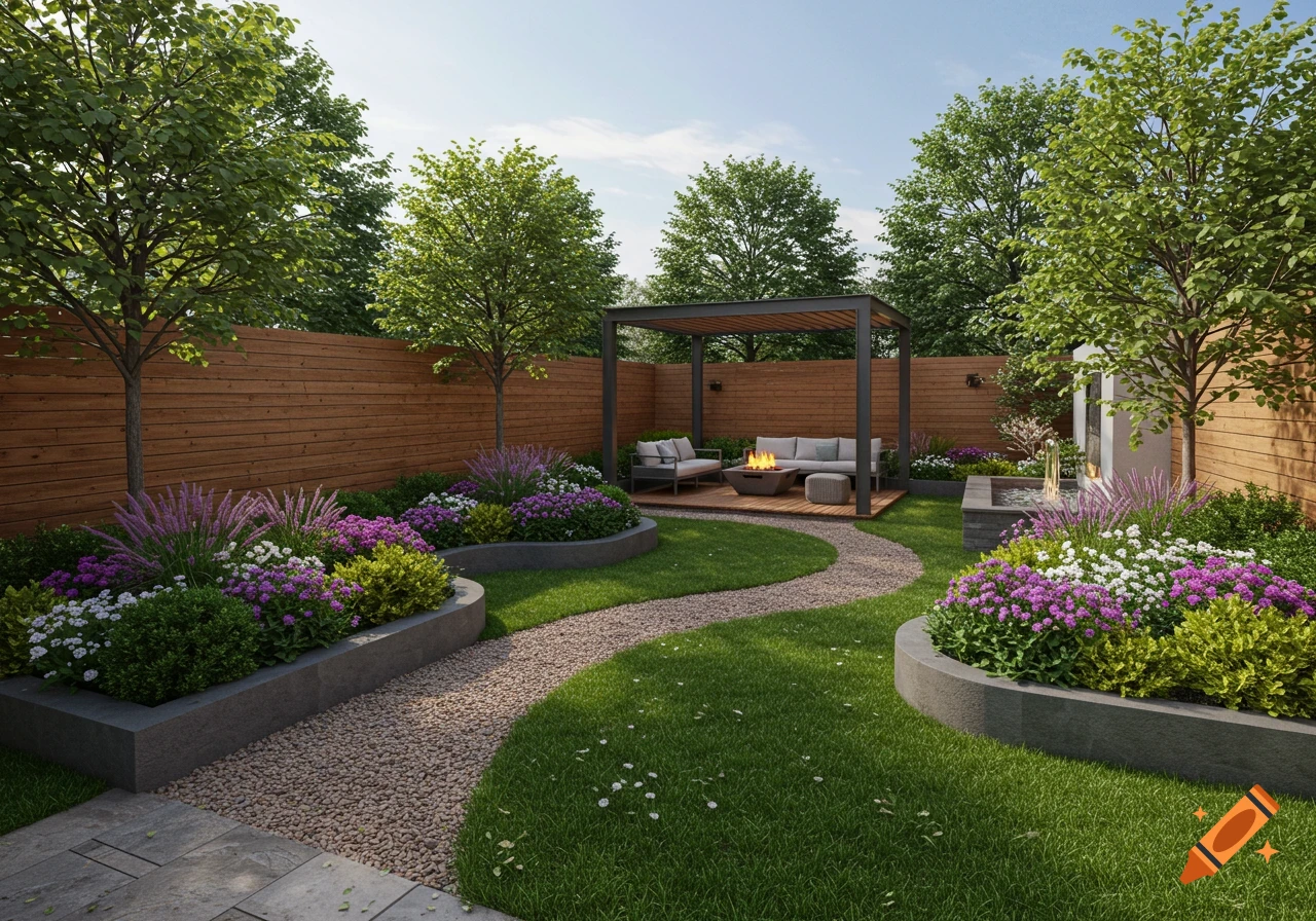 A modern backyard featuring a curved gravel path, lush lawn, vibrant flower beds, a pergola with seating, and a fire pit.