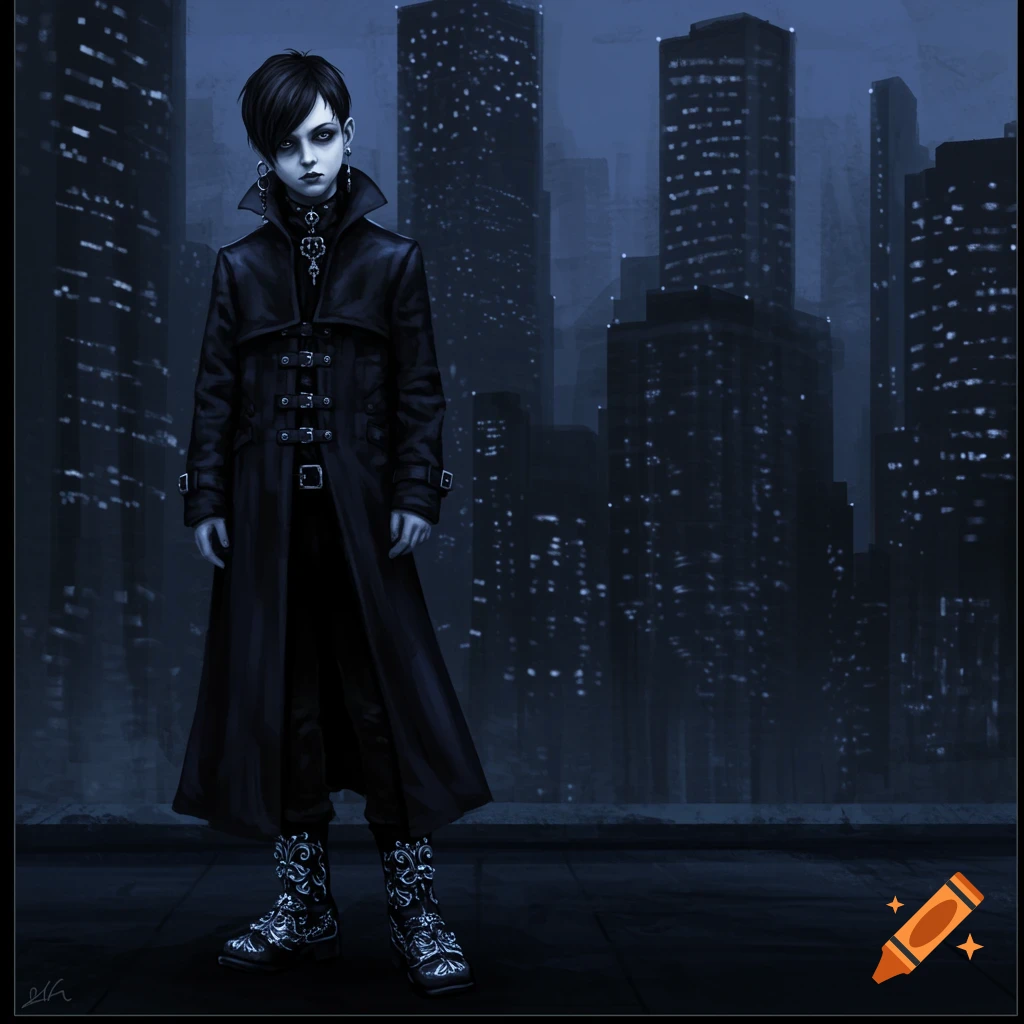 Goth boy in a black trench coat and ornate boots stands on a rooftop against a dark city skyline at night, digital art.