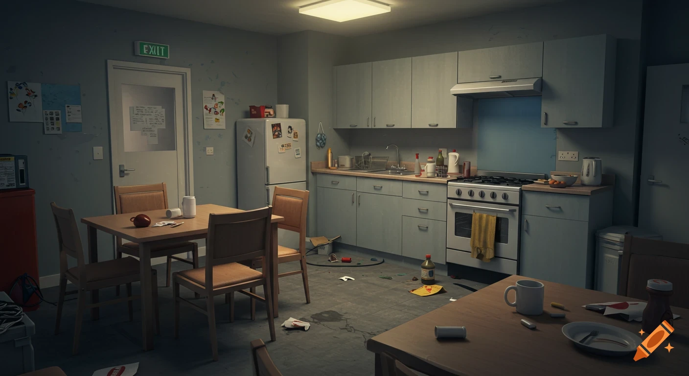 A realistic photo of a messy, dimly lit kitchen and dining area in a supported living facility, with various objects and potential hazards.