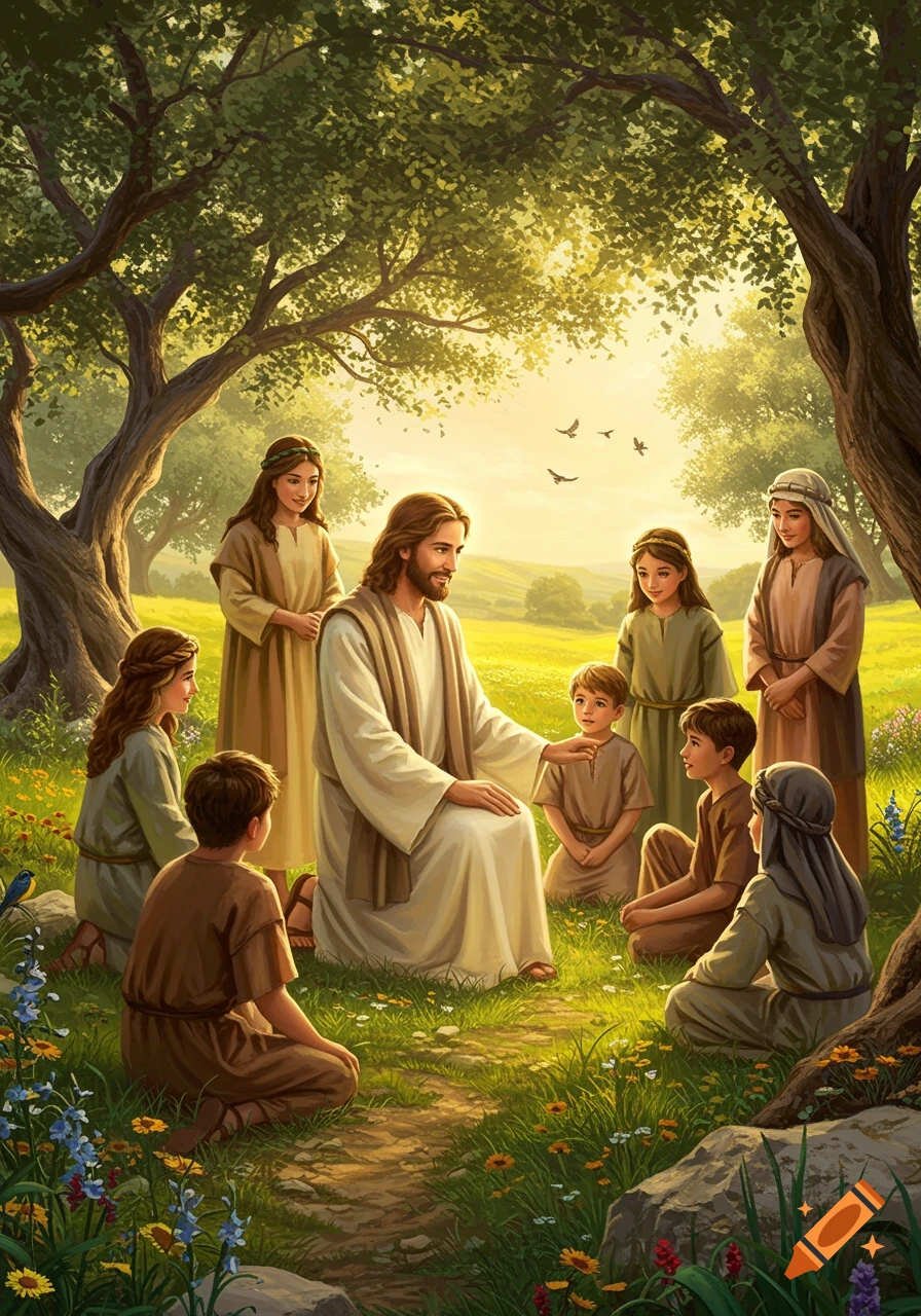 An illustration of Jesus sitting on grass, speaking to a group of children and adults in a sunny, wooded meadow with wildflowers.