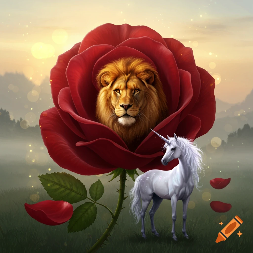 A majestic lion's head inside a large red rose, a white unicorn standing beside it in a misty, ethereal landscape at sunset.