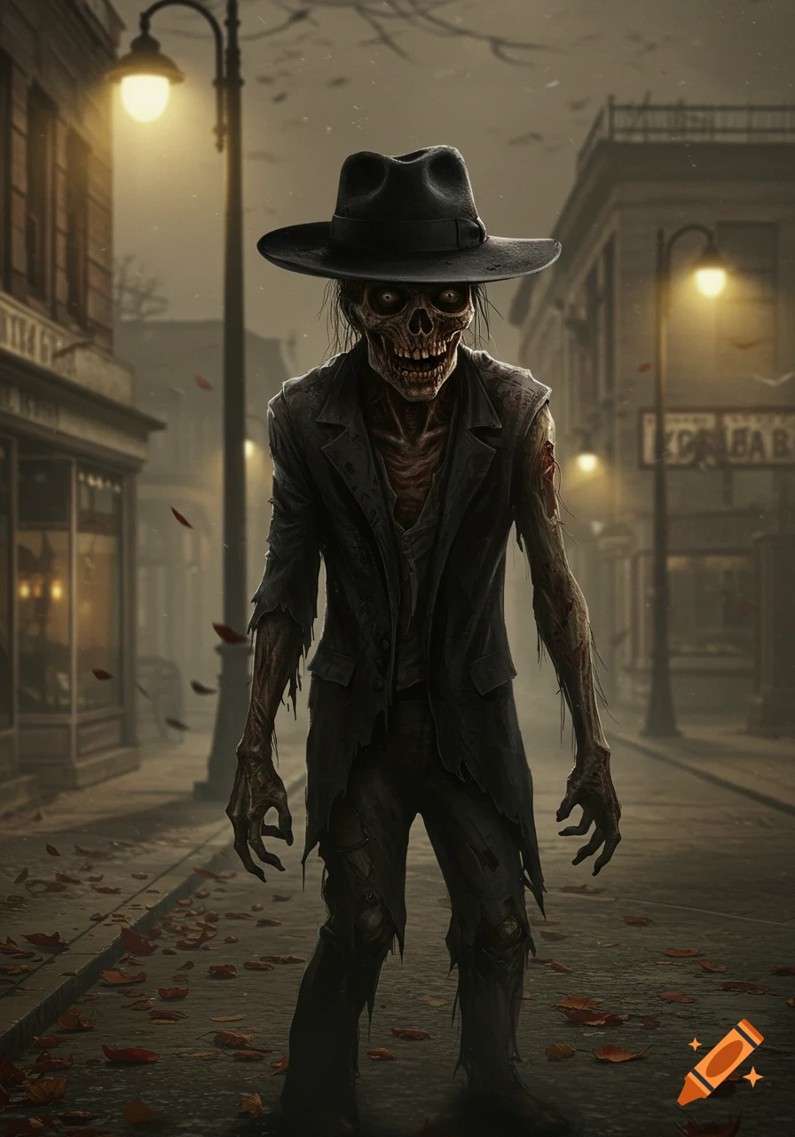 A creepy zombie wearing a fedora hat stands on a dark, rainy city street with streetlights glowing, fallen leaves, and buildings in the background.