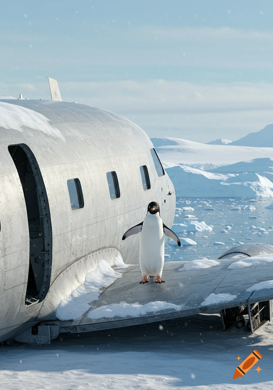 A photorealistic image of a penguin standing on the snowy wing of a crashed plane in an arctic landscape.