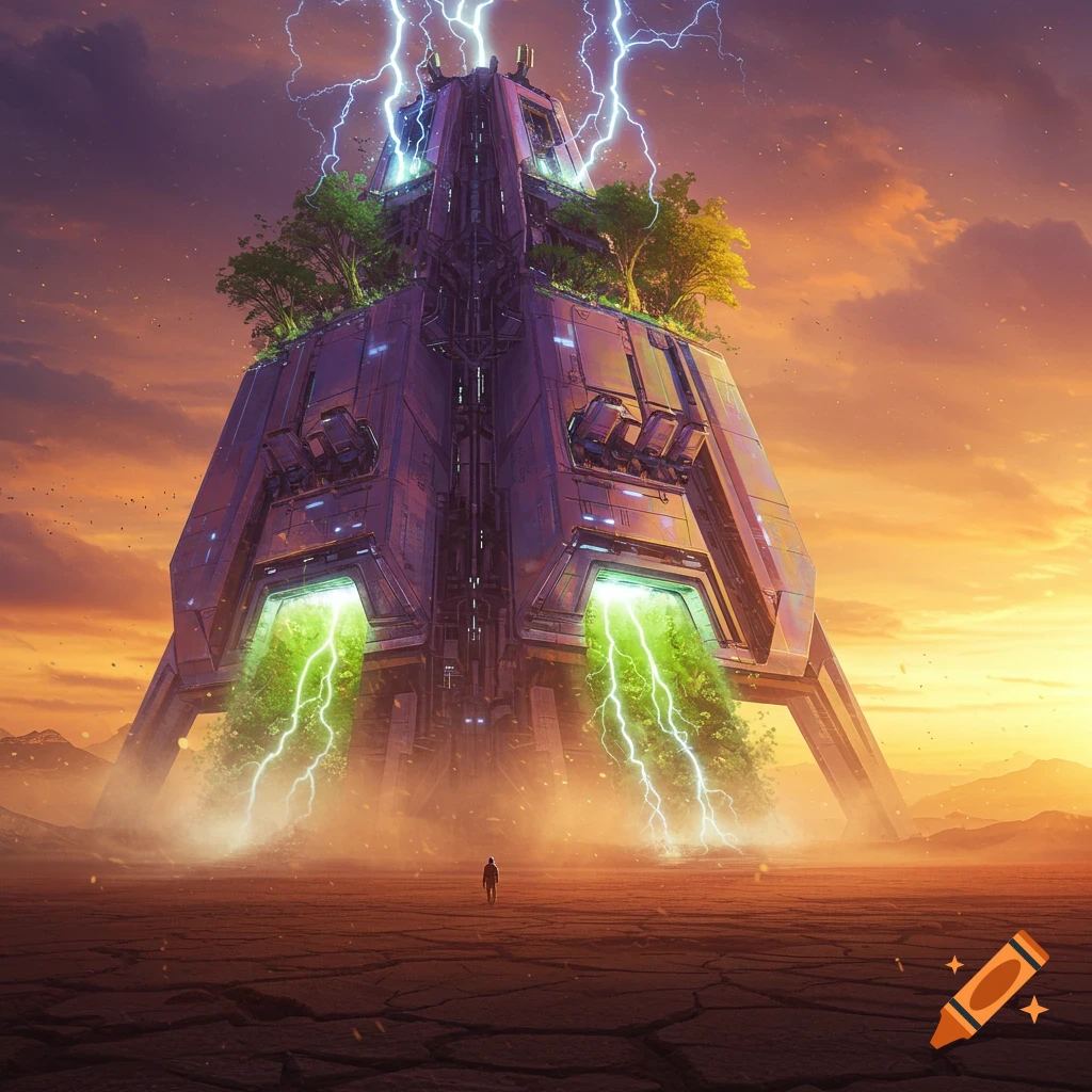 A lone person faces a huge futuristic pyramid structure with green energy and lightning in a cracked desert under an orange sunset sky.