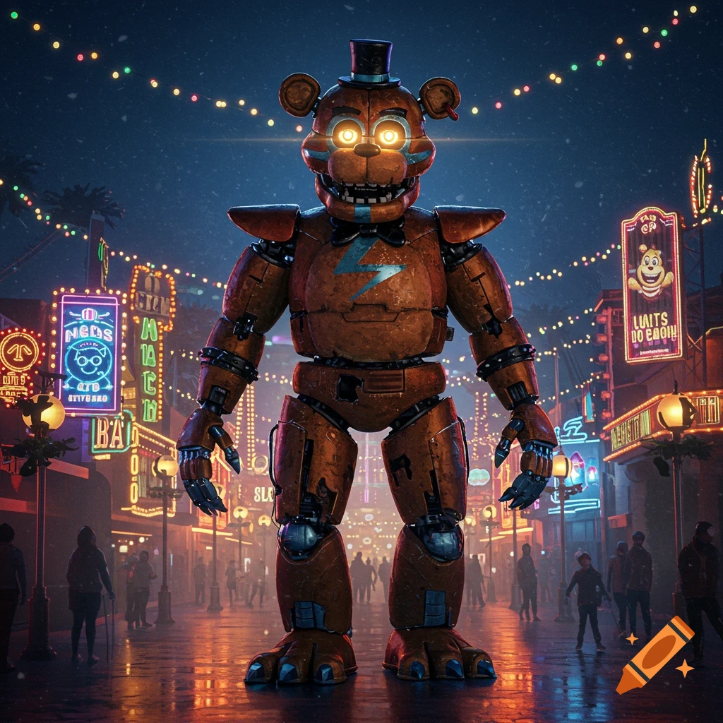 A large, weathered animatronic bear with glowing eyes and a top hat stands in a brightly lit, neon-soaked street at night, with people in the background.