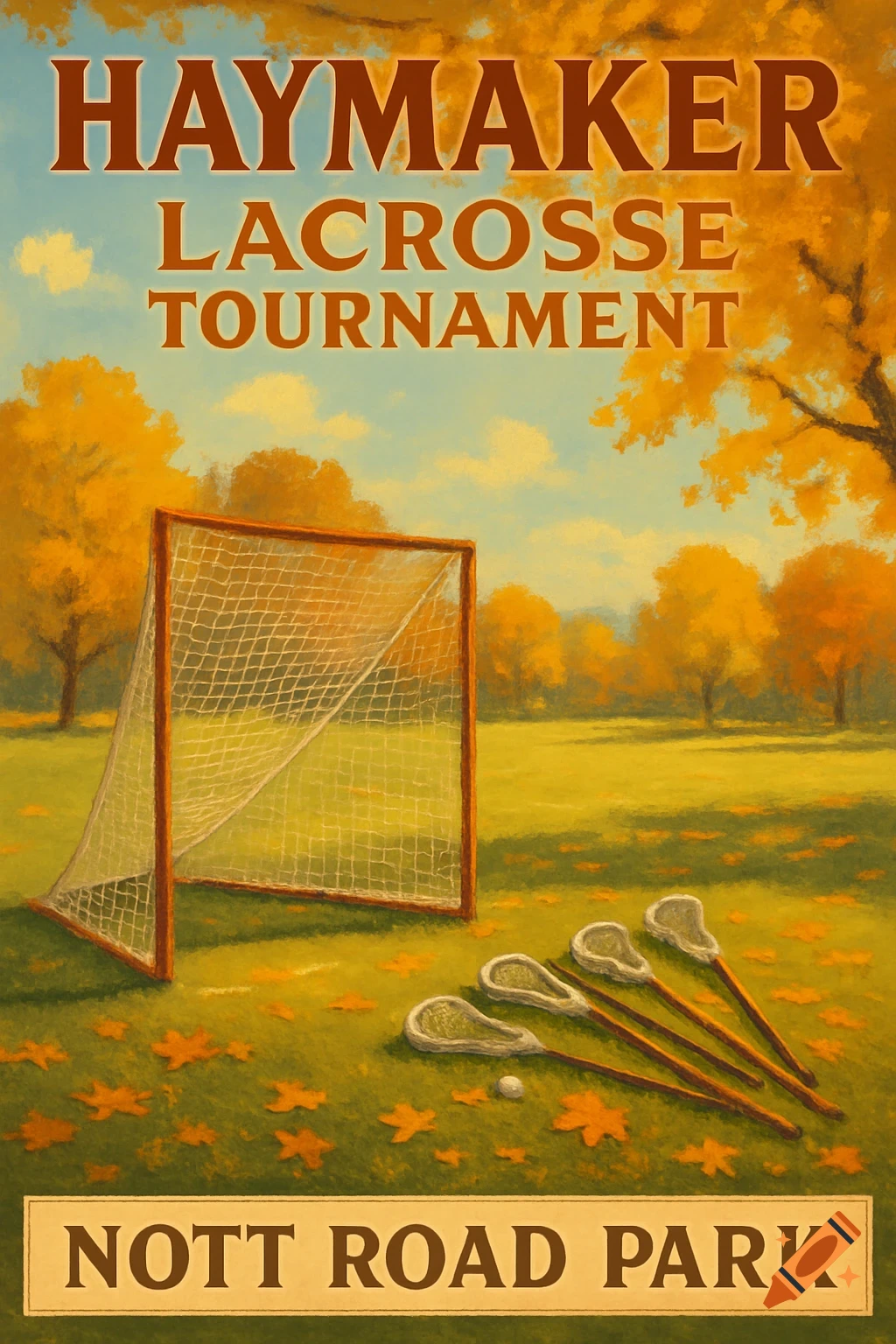 A painted image of a lacrosse goal and sticks in an autumn park with text "HAYMAKER LACROSSE TOURNAMENT" and "NOTT ROAD PARK".