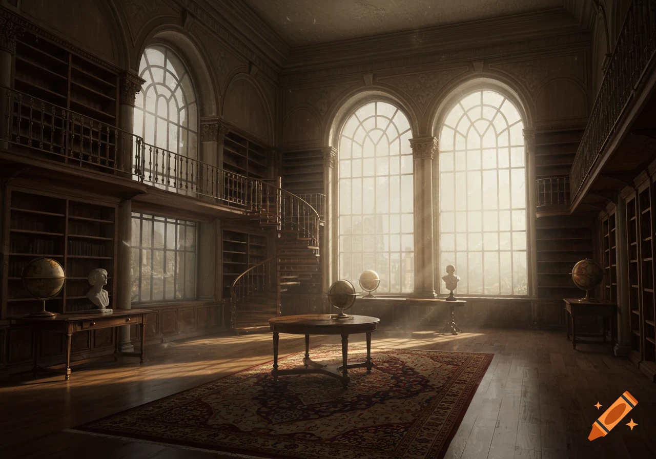 Grand old library interior with tall arched windows, bookshelves, a spiral staircase, globes, and busts, bathed in sunlight.