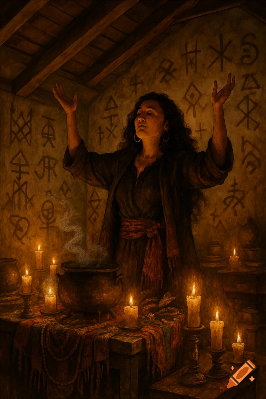 A Latina woman performing a ritual in a dimly lit attic, surrounded by candles and symbolic writings on the walls.
