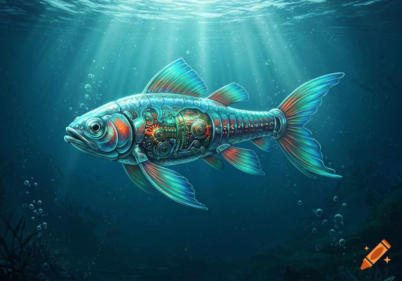 A vibrant, futuristic mechanical fish with glowing gears and circuits swims in a deep blue ocean, illuminated by light rays from above.