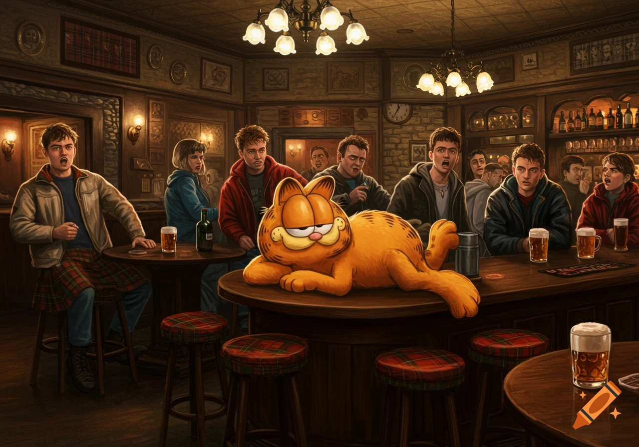 Garfield the cat lies on a wooden bar in a dimly lit Scottish pub, surrounded by shocked men drinking beer.