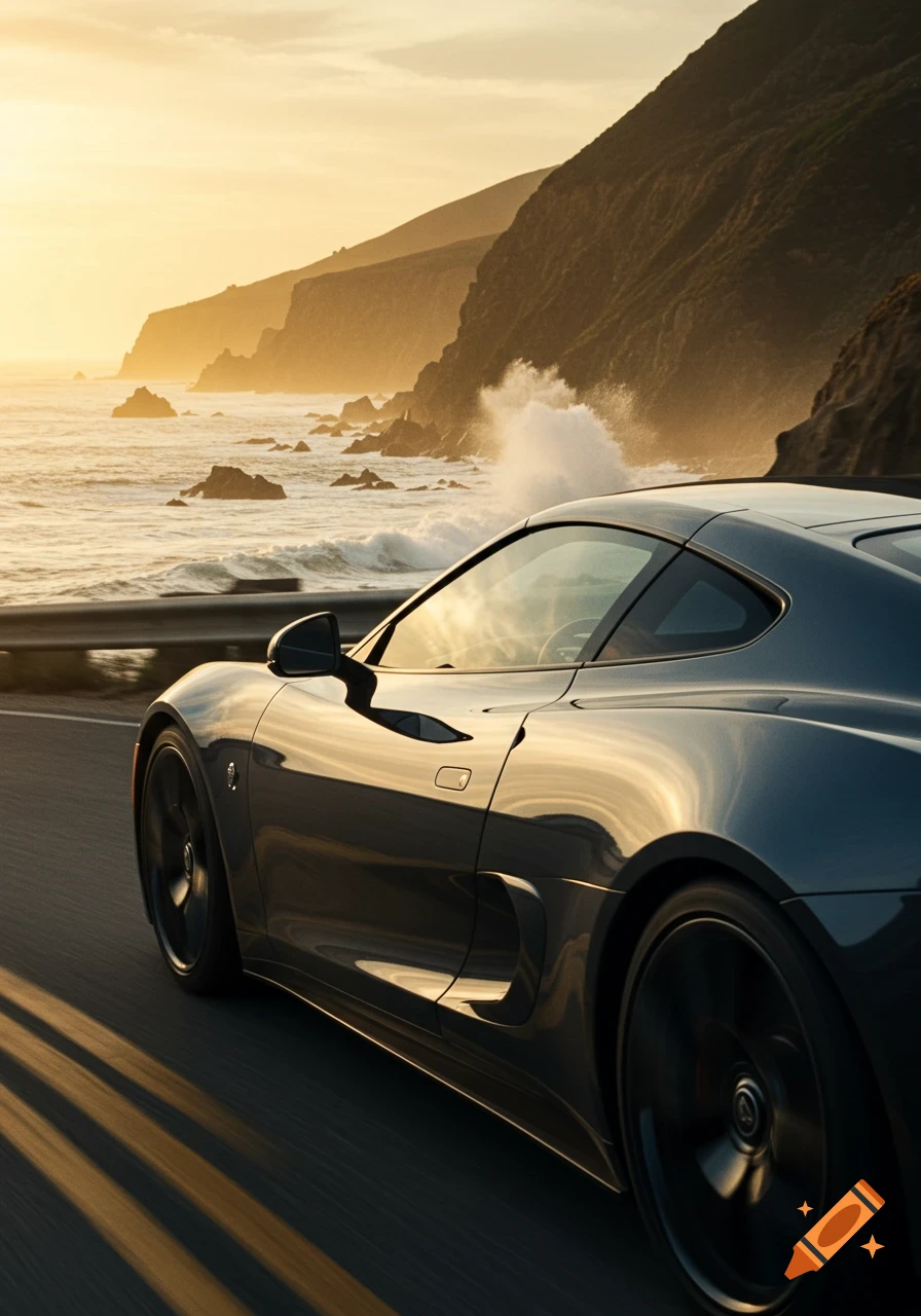 A sleek dark sports car drives along a coastal road at sunset, with waves crashing against rocky cliffs in the background.
