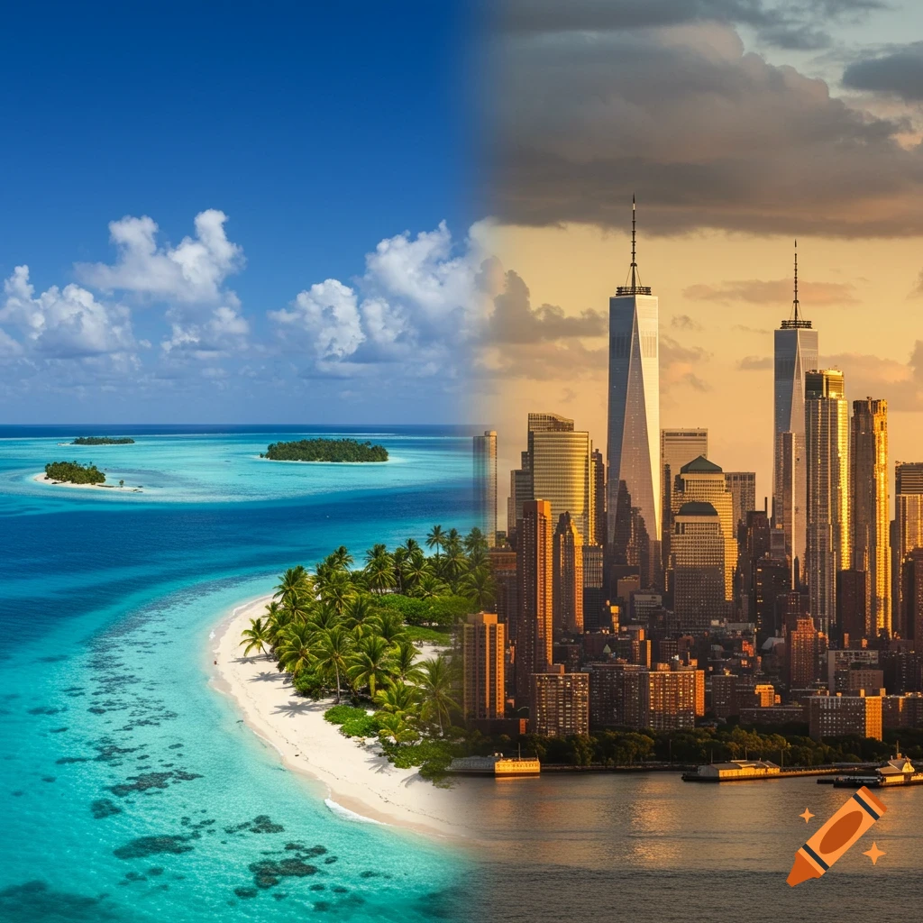 Photorealistic split image of a tropical beach with islands on the left and a city skyline with skyscrapers at sunset on the right.