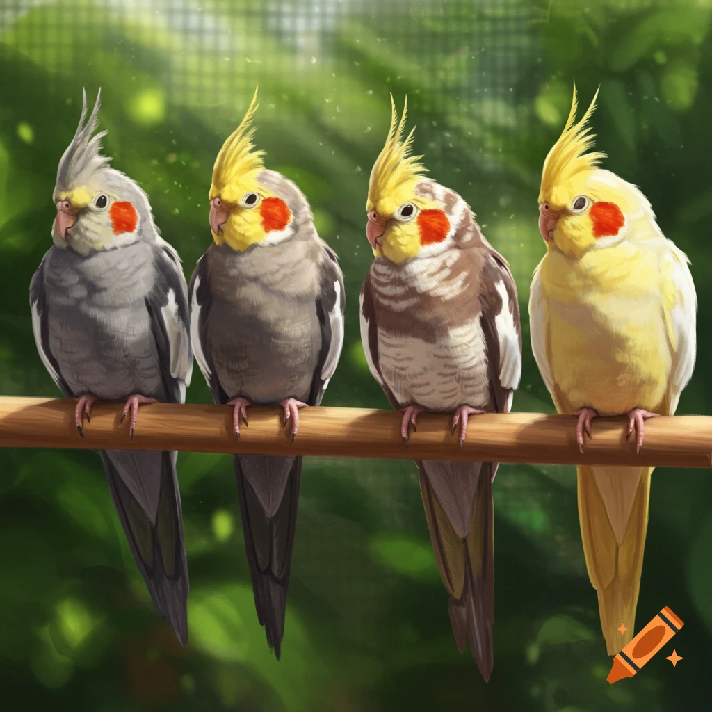 Four colorful cockatiels with prominent crests sit side by side on a wooden branch in a lush green outdoor setting.