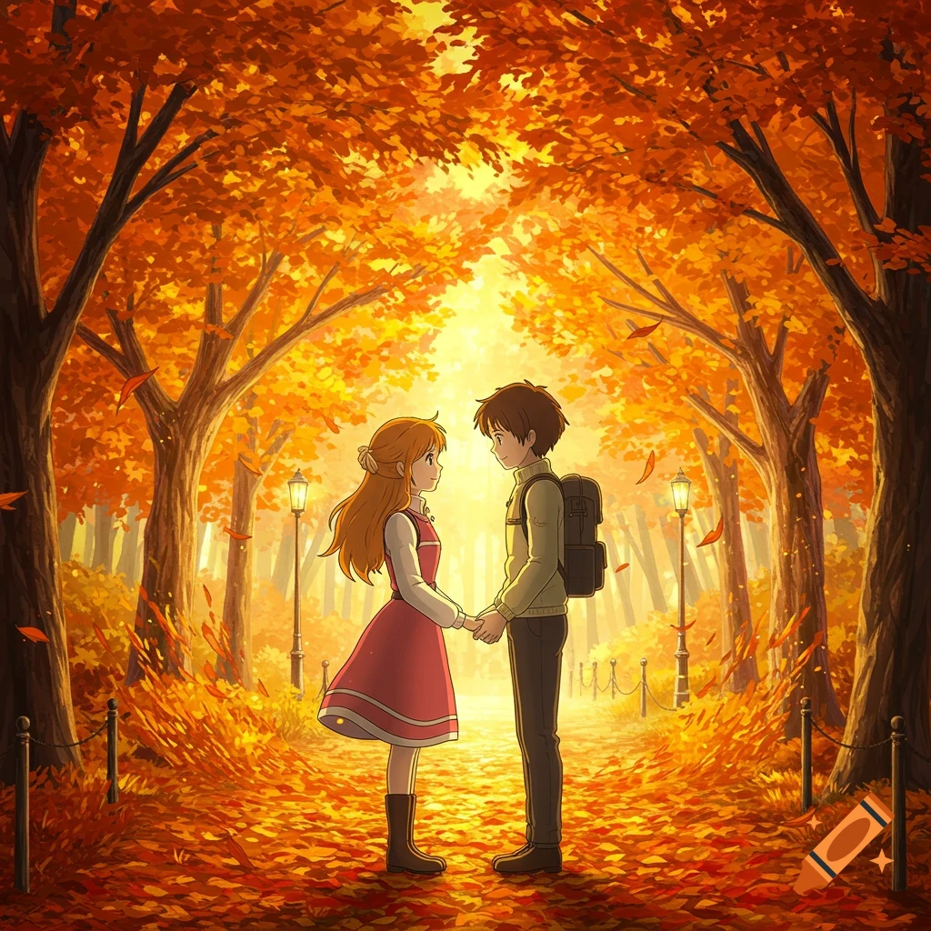 Anime couple holding hands in an autumn park with golden-orange leaves and warm sunlight.