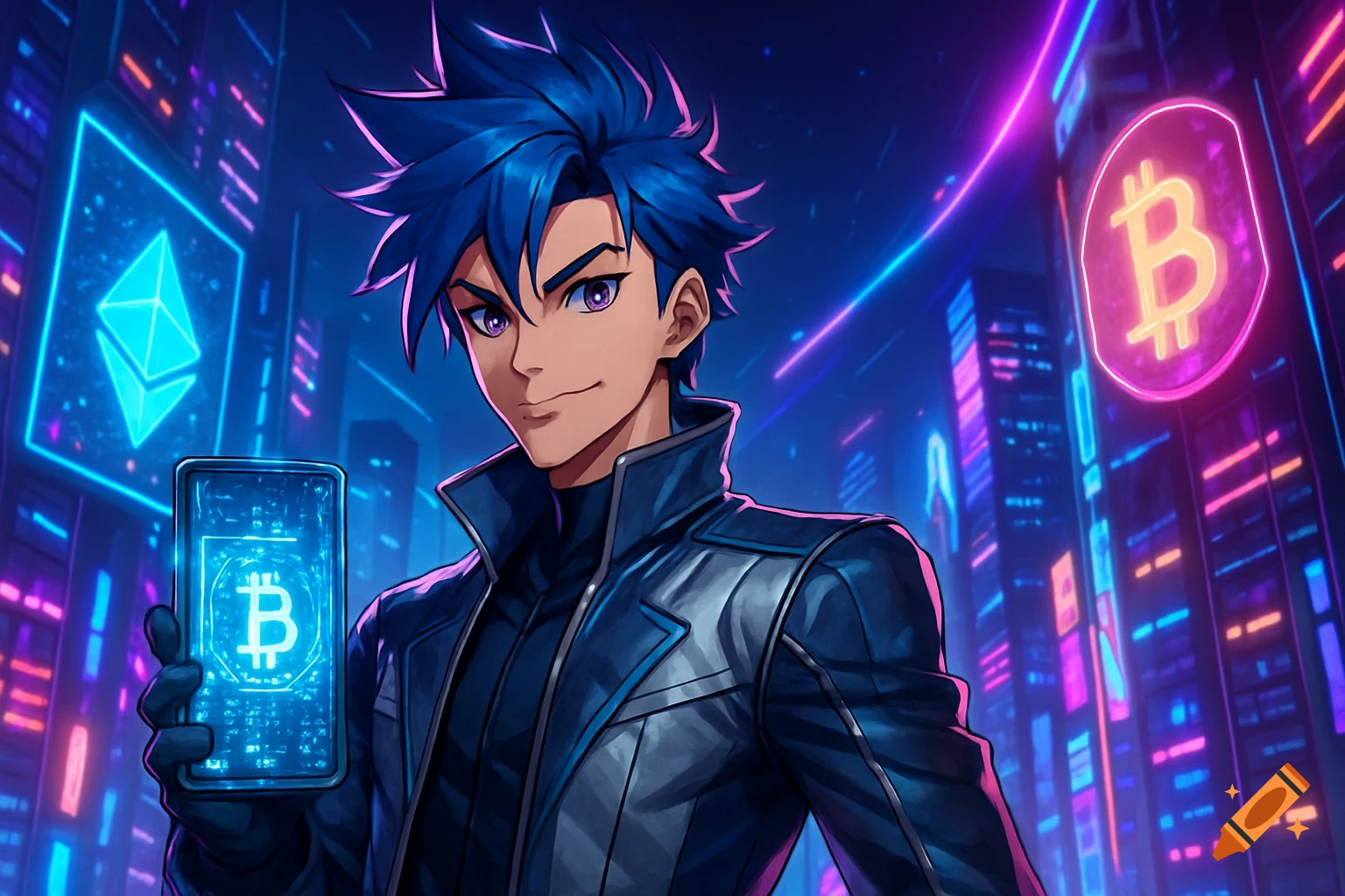 Anime character holding a phone with a Bitcoin logo in a neon futuristic cityscape with crypto symbols.