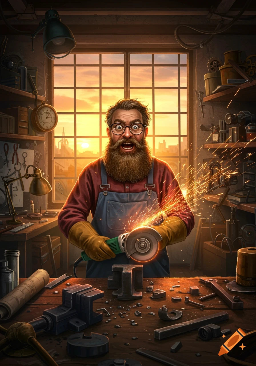 A wide-eyed, bearded craftsman uses an angle grinder in a rustic workshop, sending bright sparks into the air as the sun sets through a large window.