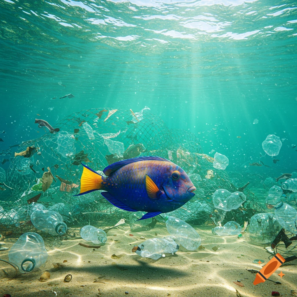 A vibrant blue and orange fish swims in a sunlit ocean, surrounded by plastic bottles and a fishing net.