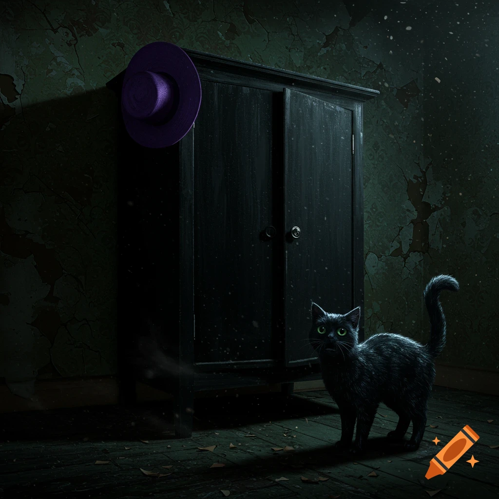 A black cat with green eyes stands in a dark, peeling room next to an open black cupboard, a purple hat hanging on the wall.