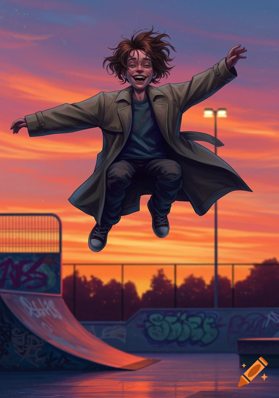 An illustrated boy in a trench coat and messy hair jumps happily with arms outstretched against an orange and purple sunset sky over a skatepark.