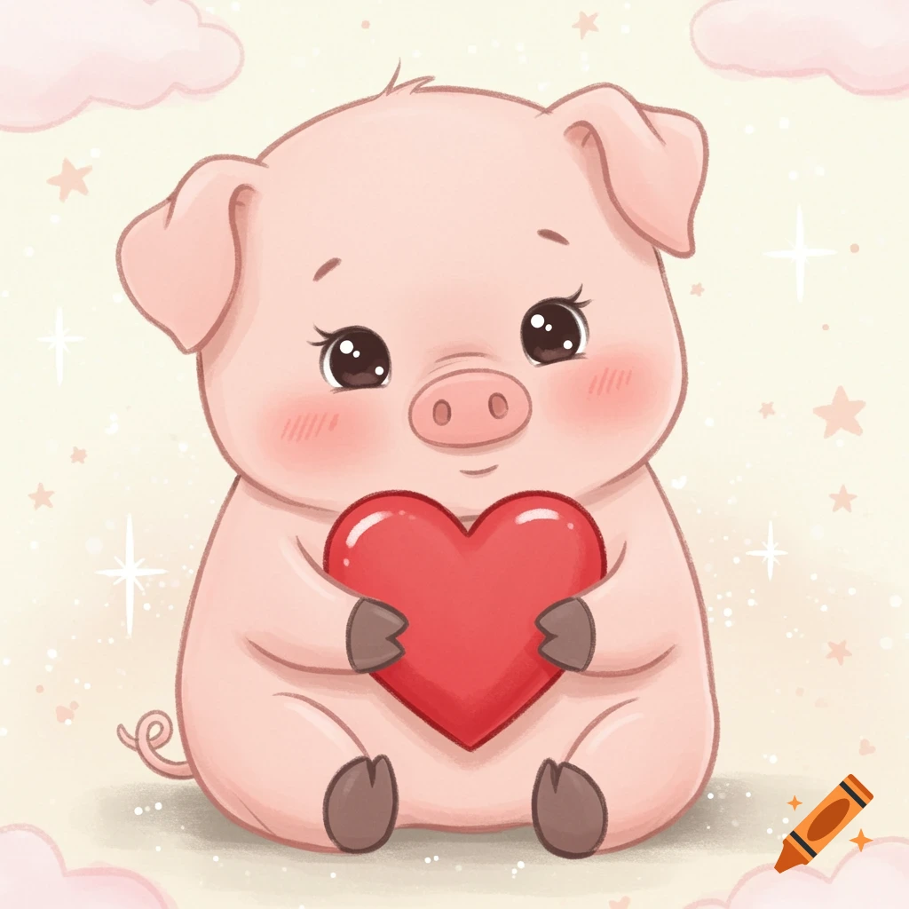 A cute cartoon baby pig with big eyes holds a shiny red heart, surrounded by soft pink clouds and sparkles in a nursery art style.
