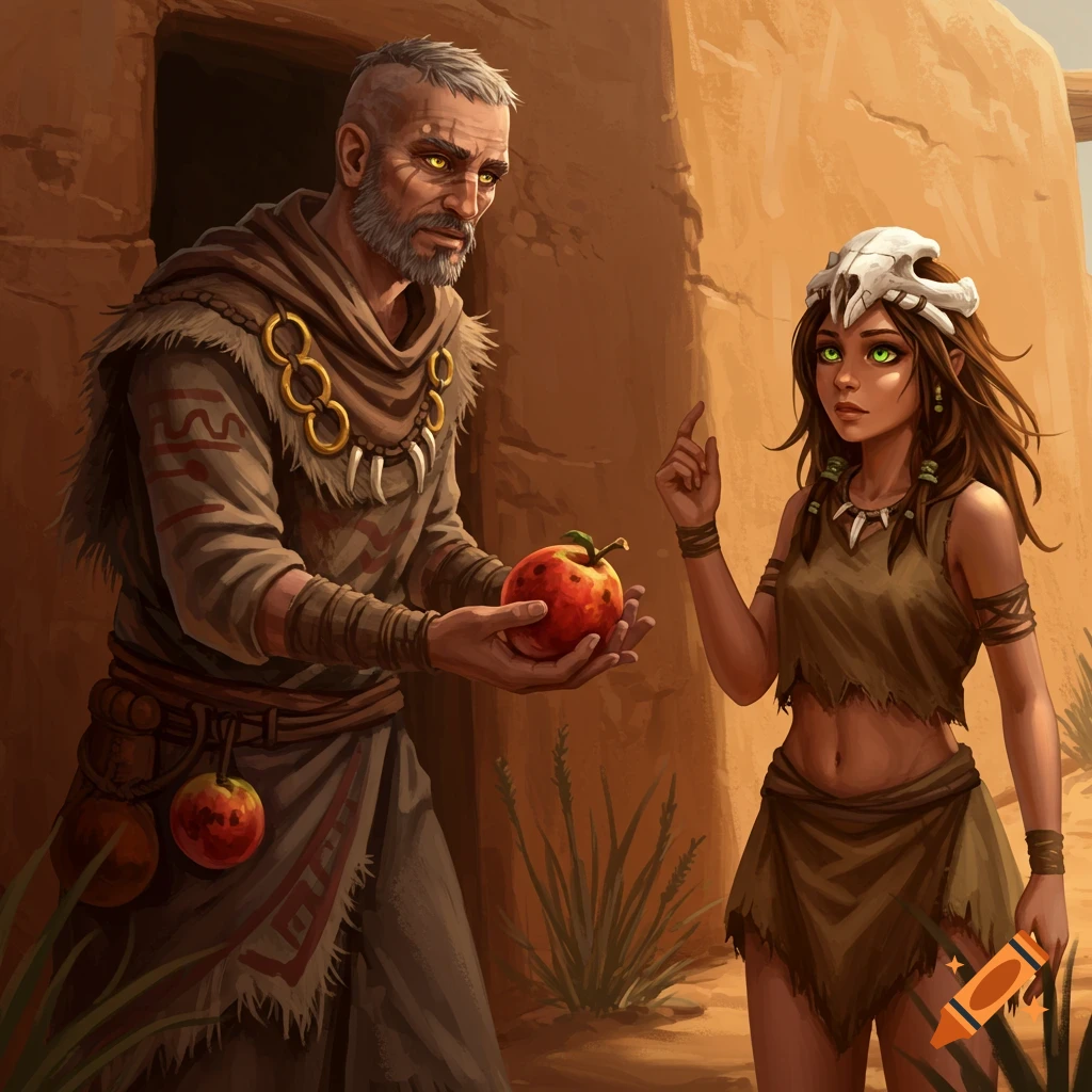 A grizzled man in prehistoric robes offers a speckled fruit to a young woman in a skimpy outfit with a skull circlet, in a desert setting.