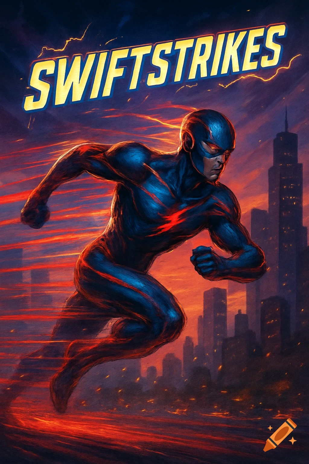A blue and red superhero runs at superspeed through a city at sunset, with 'SWIFTSTRIKES' above, in a comic book style.