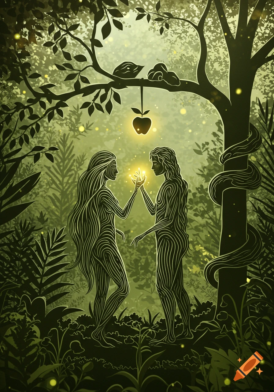 Stylized dark green illustration of Adam and Eve reaching for a glowing apple in a lush, ancient forest with a snake.