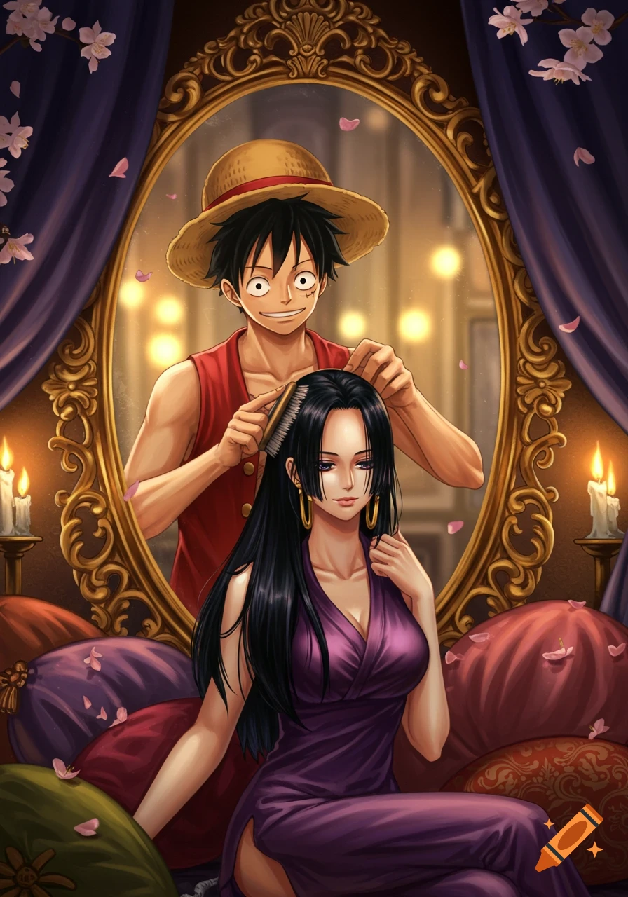 Luffy brushes Boa Hancock's long black hair in front of an ornate mirror, surrounded by candles and cherry blossoms, in an anime style.