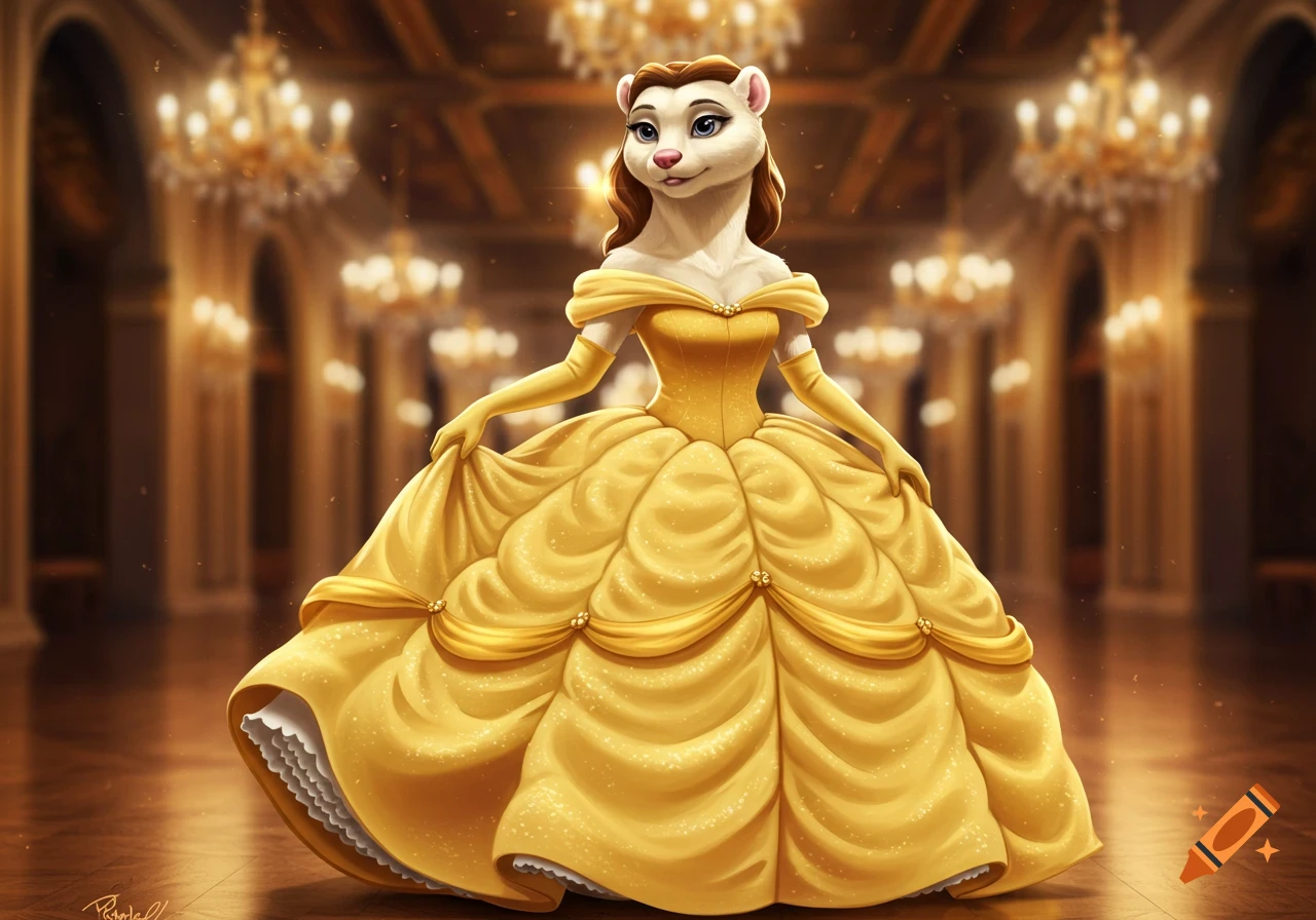 A white anthropomorphic mink in a flowing yellow ball gown stands in a grand ballroom with chandeliers.