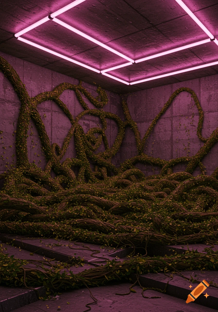 A concrete room is overgrown with a thick tangle of green vines, illuminated by bright pink fluorescent lights on the ceiling.