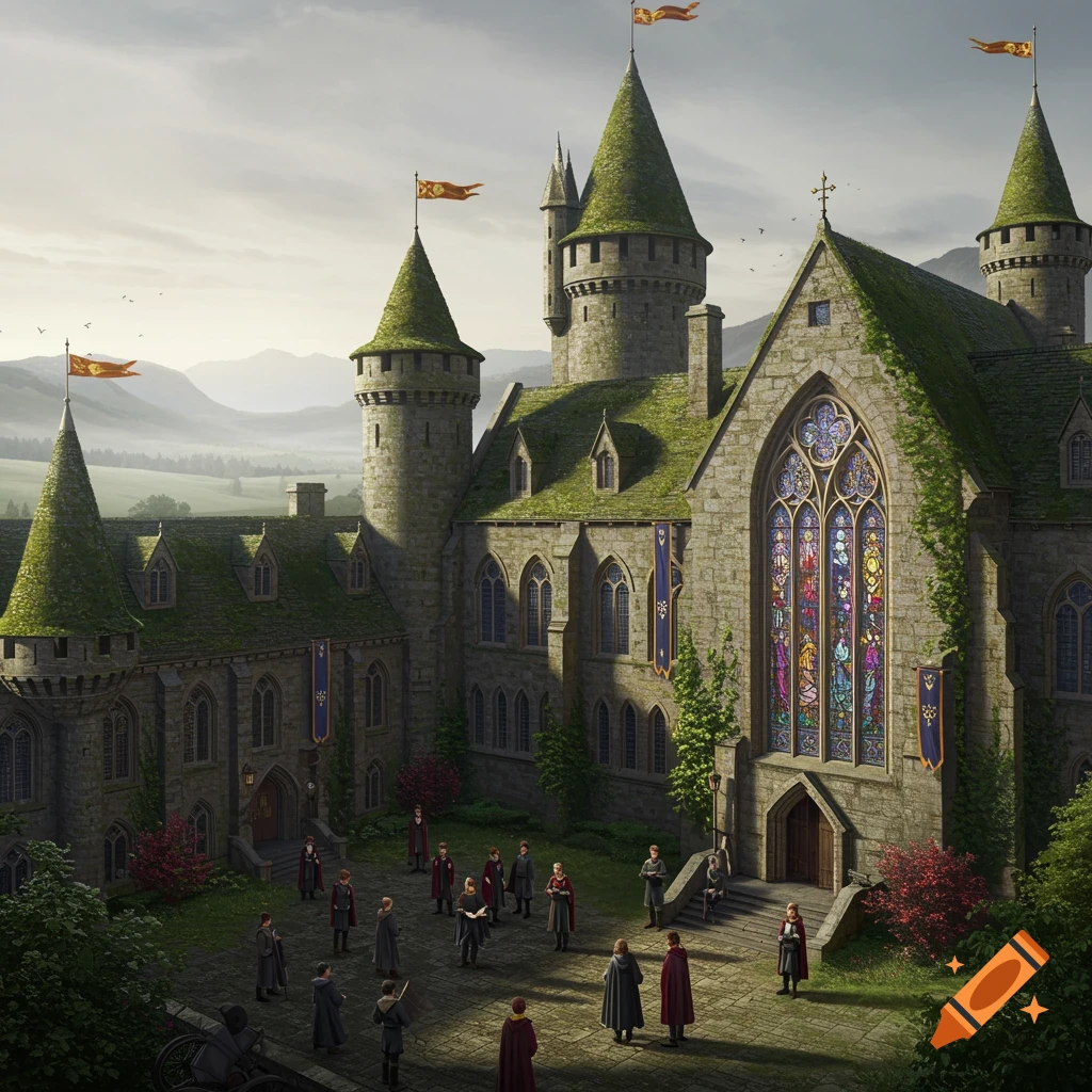 A detailed, realistic depiction of a moss-covered fantasy castle school with students in robes in the courtyard.