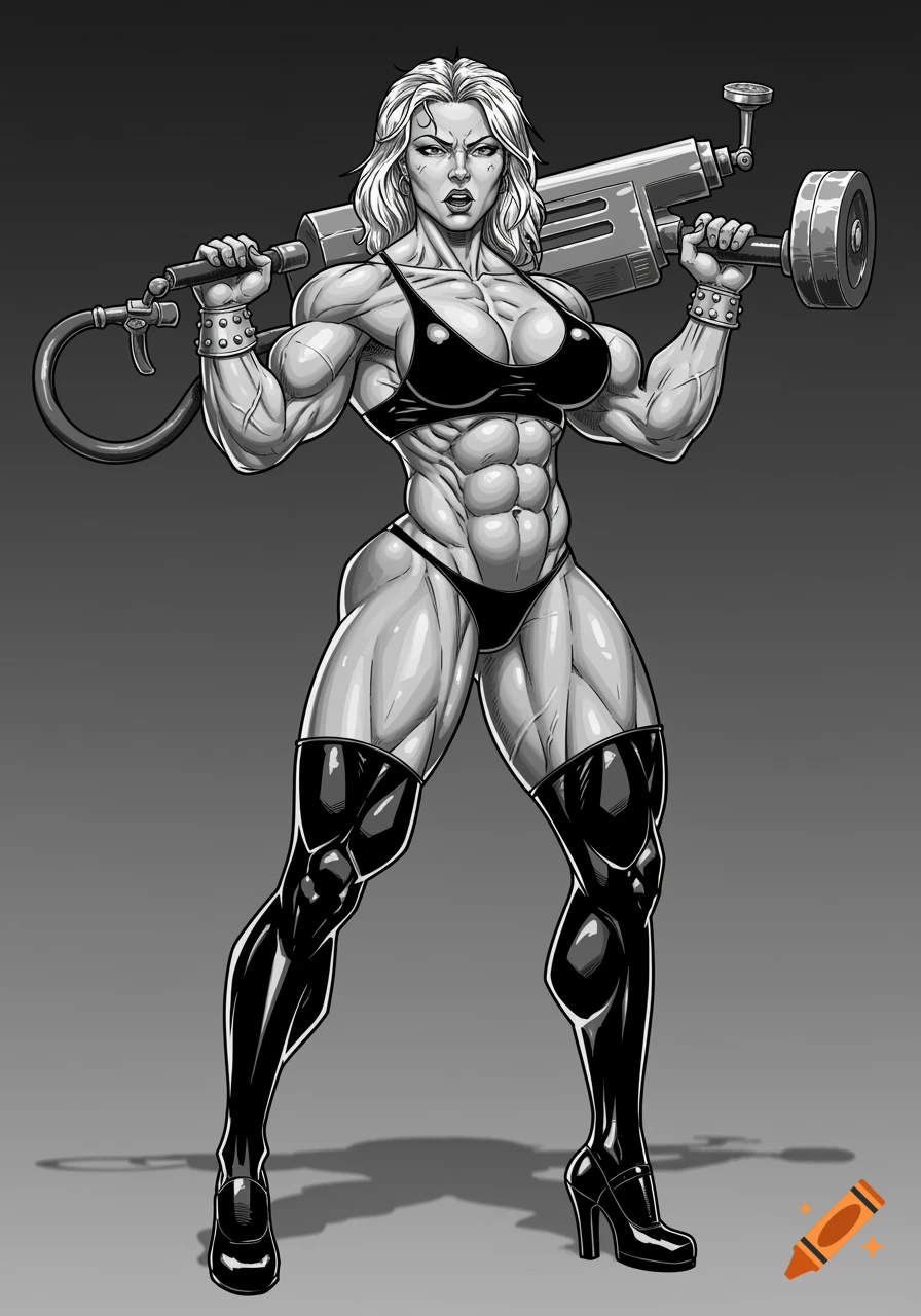 Muscular woman in bikini and thigh-high boots holding a drill-like weapon, in a black and white comic art style.