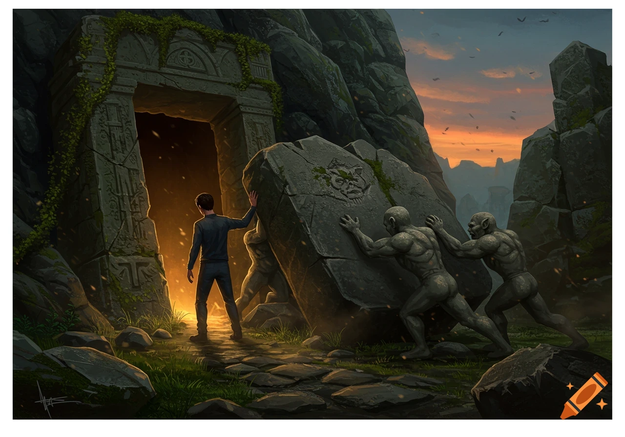 A man watches as three gray, muscular gargoyles roll a huge stone with carvings to block the glowing entrance of an ancient tomb at sunset.