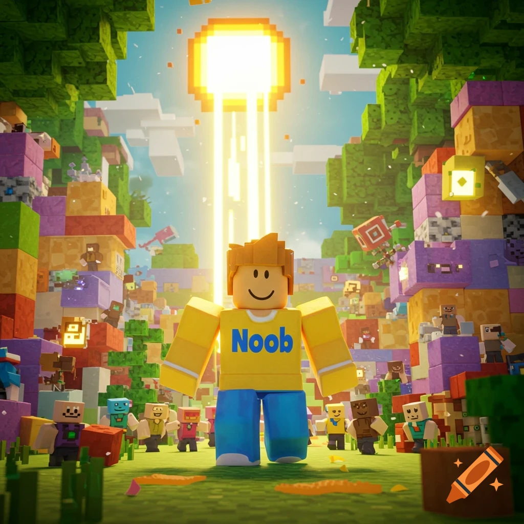 A large blocky 'Noob' character stands in a colorful, pixelated world with other block characters under a glowing square sun.