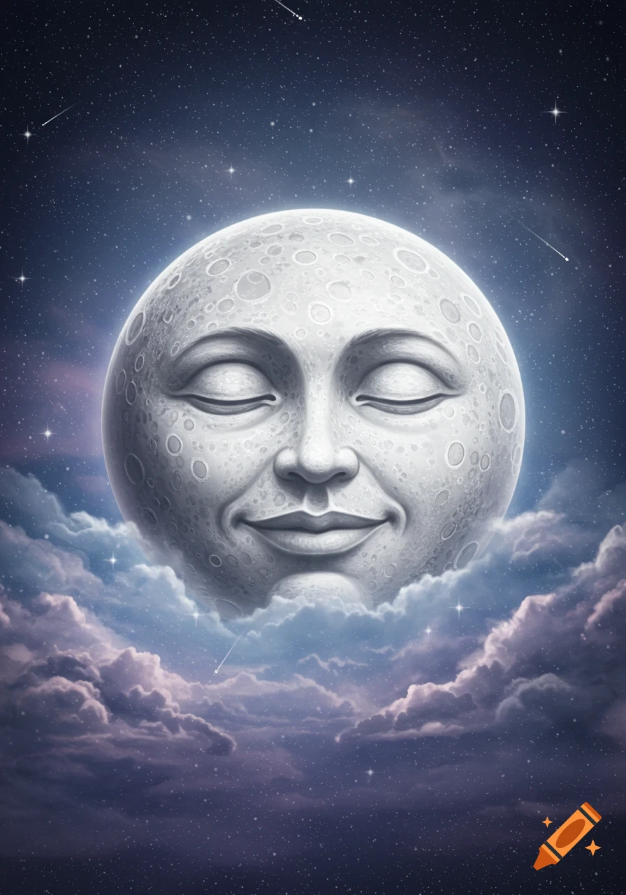 A smiling full moon with a human-like face, nestled in soft clouds under a starry night sky.