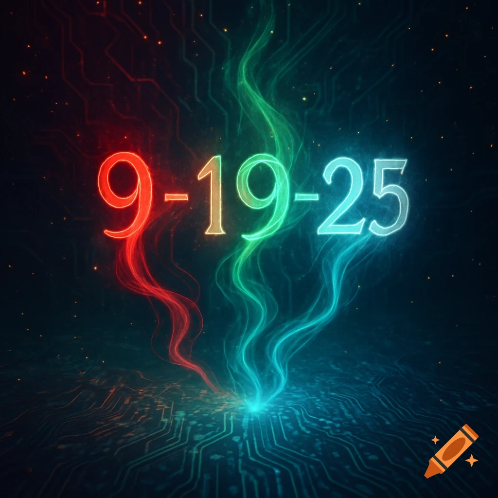 Glowing red, green, and blue numbers 9-19-25 with energetic trails rising from a circuit board background.