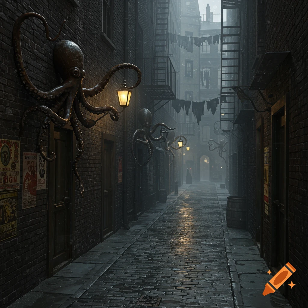 A dark, foggy Victorian alleyway with metal octopus sculptures on the brick walls and glowing lanterns.