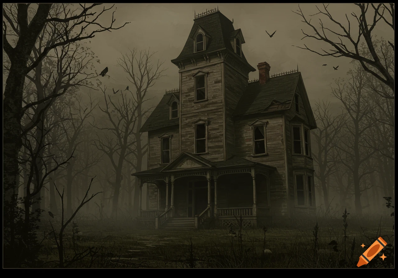 A dark, eerie, decaying Victorian house stands amidst bare trees in a foggy, muted landscape, with birds flying.