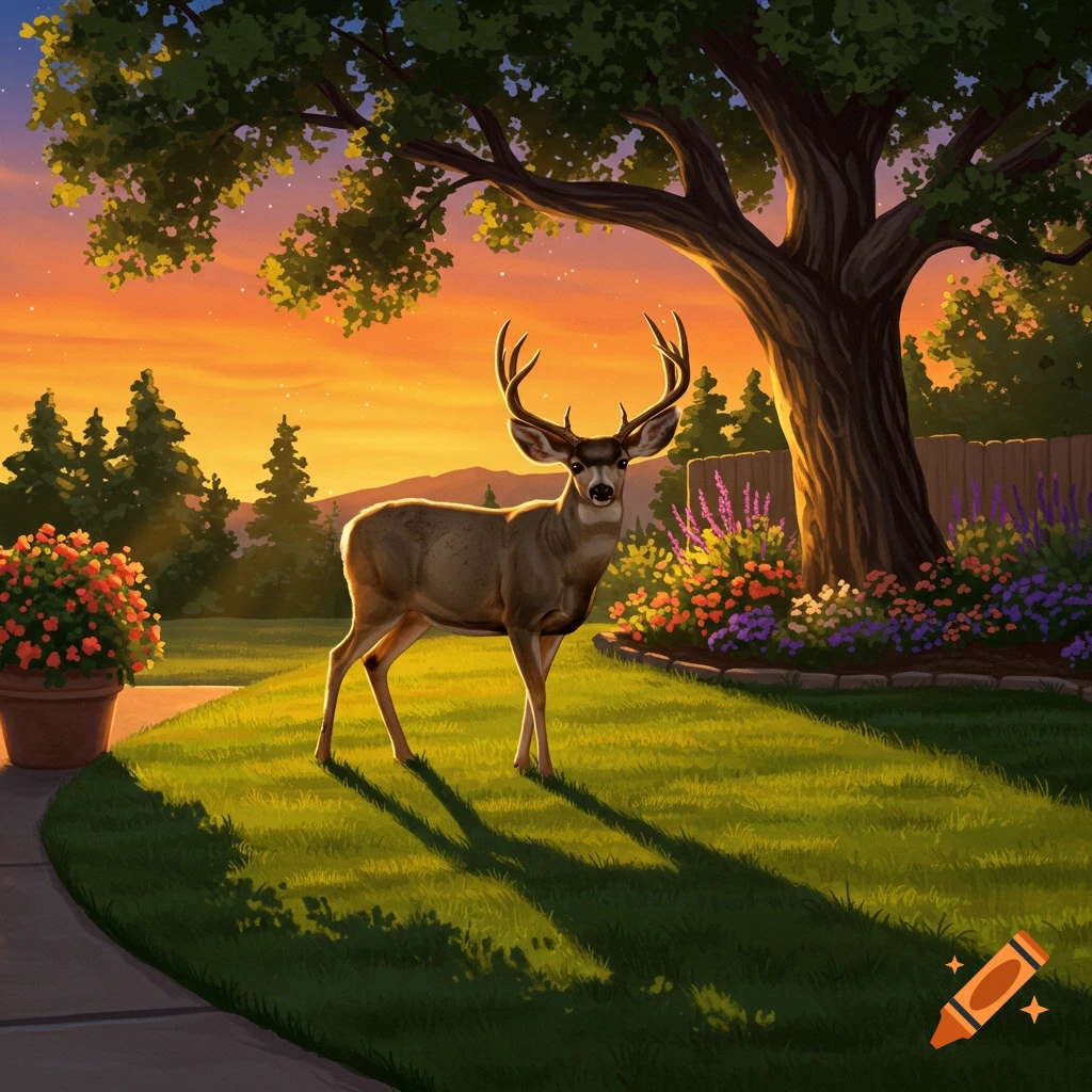 A mule deer stands in a vibrant green front yard at sunset, surrounded by colorful flowers and a large tree. The sky is an orange-yellow gradient.