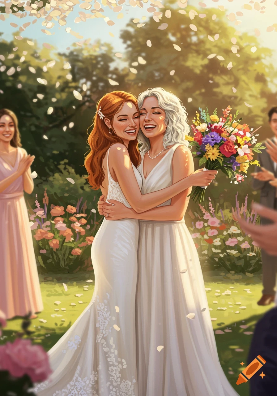 Two smiling women in wedding dresses embrace, surrounded by guests and falling petals in a sunlit garden, in an illustration style.