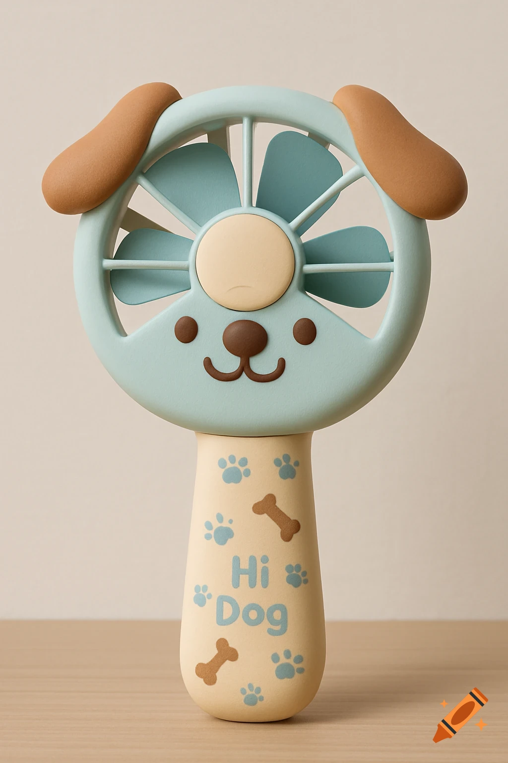 A light blue handheld fan with dog ears and face, featuring 'Hi Dog' text, paw prints, and bones on its handle.
