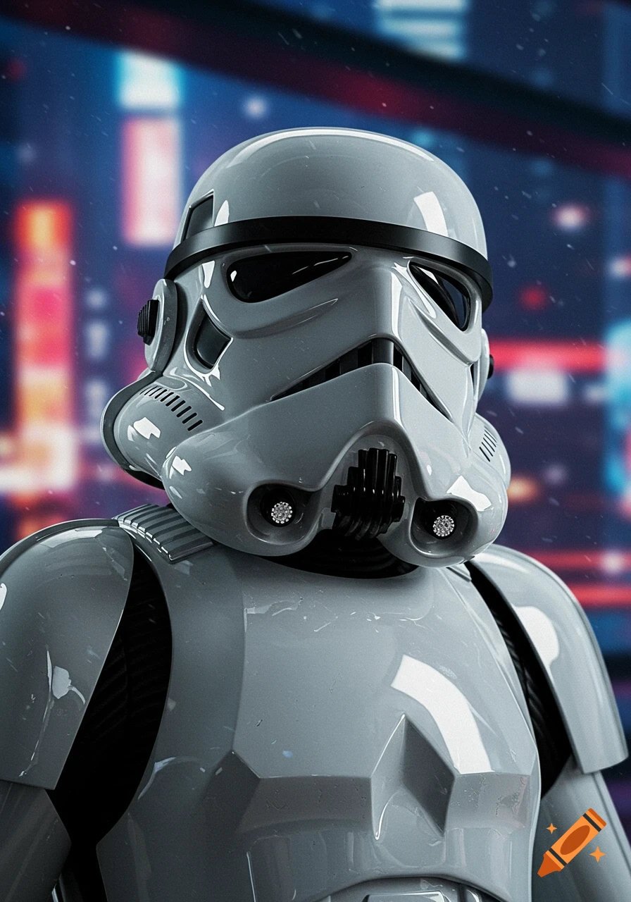 A detailed, stylized close-up of a Stormtrooper helmet and upper armor against a blurred futuristic city background.